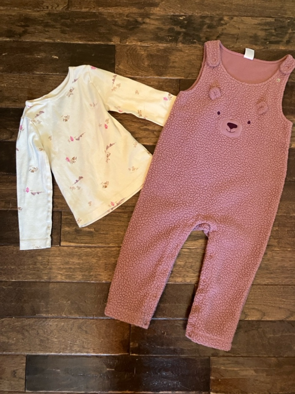 Carters Pink Teddy Fleece Baby Overalls with Cream Floral Long Sleeve Shirt